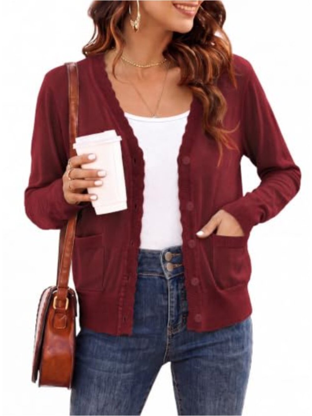 Womens V-Neck Button Front Cardigan Scalloped Trim Lightweight Knit Long Sleeve